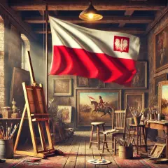 Pracownia artysty pełna obrazów z okresu 20 lecia międzywojennego, z polską flagą dumnie powiewającą.