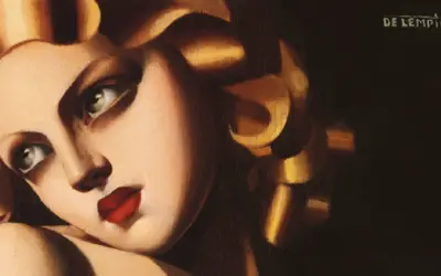 Portret kobiety z burzą złotych loków i wyrazistymi czerwonymi ustami, dzieło tamara łempicka.