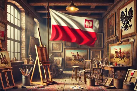 Pracownia artysty pełna obrazów z okresu 20 lecia międzywojennego, z polską flagą dumnie powiewającą.
