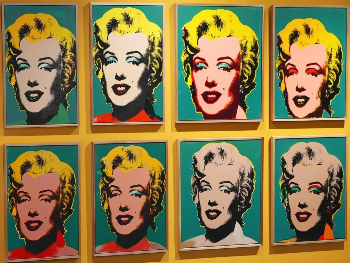 Osiem portretów Marilyn Monroe w stylu pop art Warhol, każdy z innym kolorystycznym wyrazem ikony.
