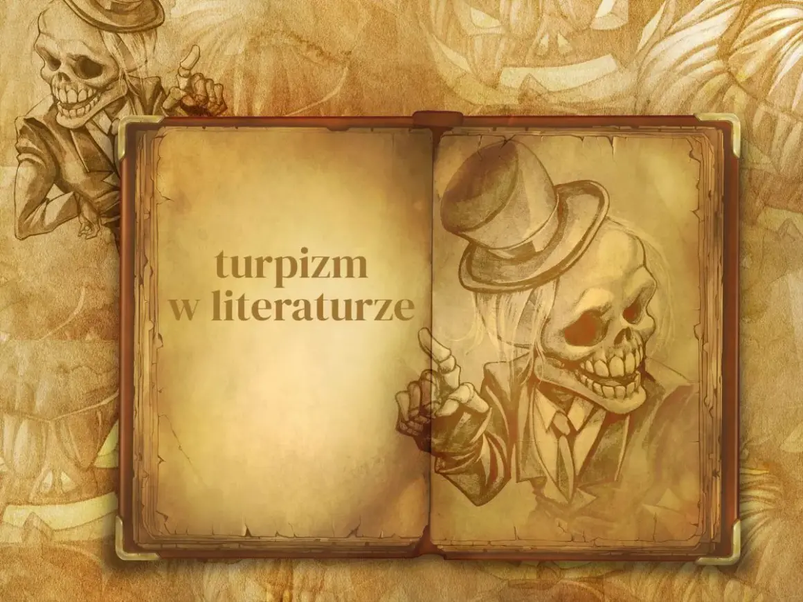Otwarta księga z tekstem "turpizm w literaturze". Po prawej szkic szkieleta w cylindrze i garniturze, po lewej inny szkielet.