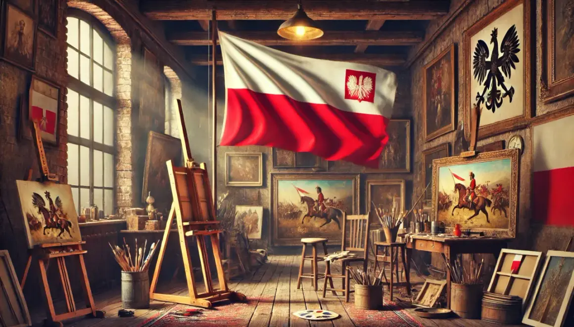 Pracownia artysty pełna obrazów z okresu 20 lecia międzywojennego, z polską flagą dumnie powiewającą.