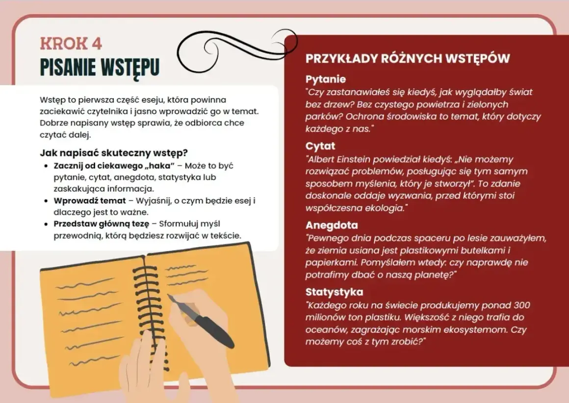 Krok 4: Pisanie wstępu. Jak napisać skuteczny wstęp? Zaczynaj od ciekawego "haka", np. pytania, cytatu, anegdoty. To jak wiersz o wakacjach, który ma zachęcić do dalszego czytania.