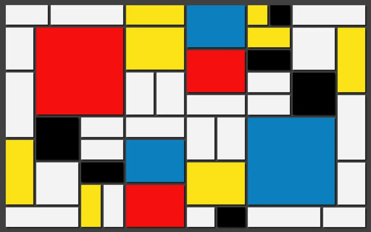 Kompozycja w stylu Piet Mondrian dzieła: czerwone, ż&oacute;łte, niebieskie i czarne prostokąty na białym tle, przedzielone czarnymi liniami.