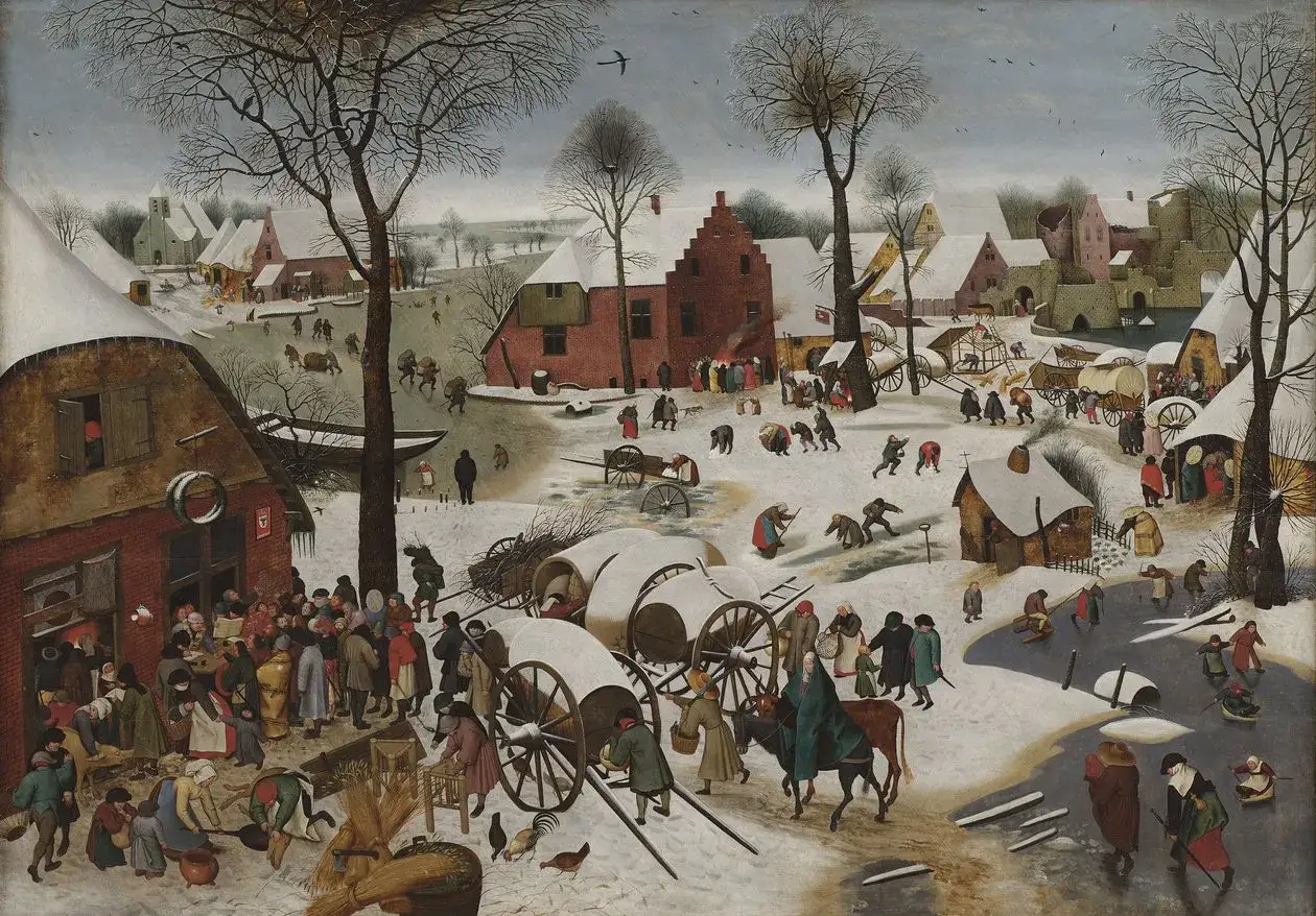 Zimowa wieś na obrazie Pieter Brueghel Młodszy. Ludzie pracują, bawią się na lodzie i wracają do domów.