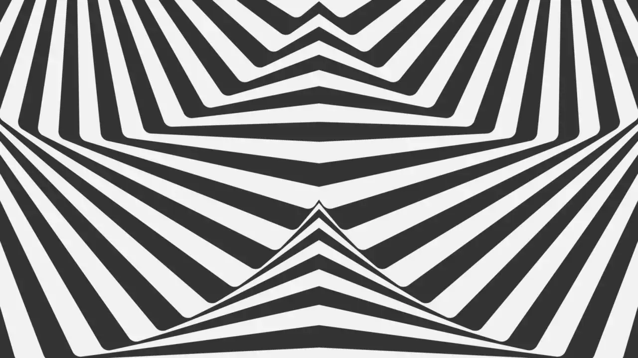 Abstrakcyjny wz&oacute;r op art z czarno-białymi, zakrzywionymi pasami tworzącymi iluzję głębi i ruchu.