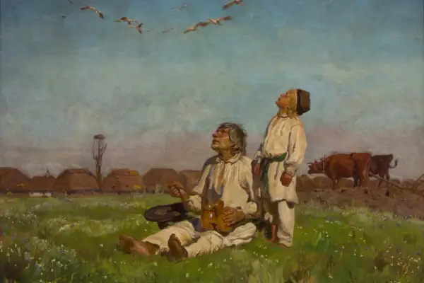 Dwaj chłopi patrzą w niebo, gdzie lecą ptaki. Scena oddaje realizm w pozytywizmie, ukazując prostotę wiejskiego życia.