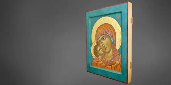 Ikony Matki Boskiej prawosławne: wzruszający obraz przedstawiający Maryję z Dzieciątkiem Jezus, otoczonych złotym tłem i ozdobną ramą.