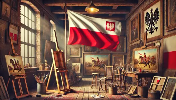 Pracownia artysty pełna obrazów z okresu 20 lecia międzywojennego, z polską flagą dumnie powiewającą.