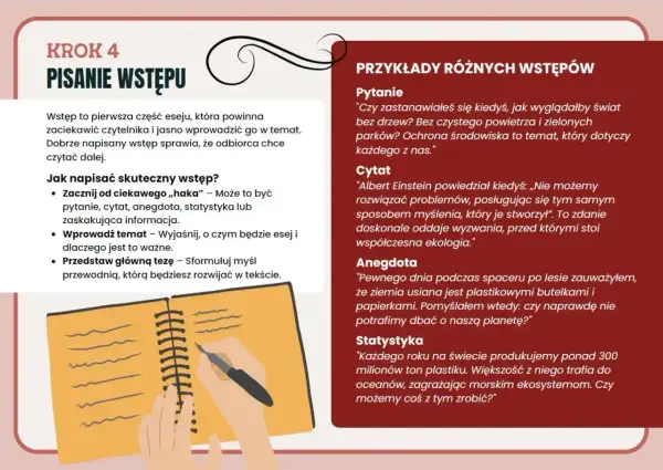 Krok 4: Pisanie wstępu. Jak napisać skuteczny wstęp? Zaczynaj od ciekawego "haka", np. pytania, cytatu, anegdoty. To jak wiersz o wakacjach, który ma zachęcić do dalszego czytania.