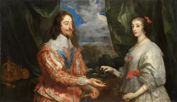 Portret pary królewskiej, wspaniałe dzieła Antoona van Dycka. Król Karol I i królowa Henrietta Maria w bogatych strojach.